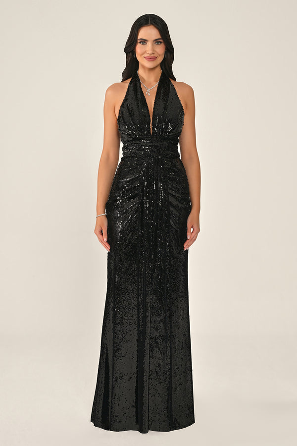 Halter Neck V-Neck Draped Sequin Long Dress