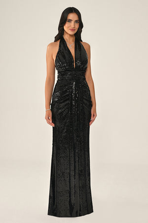 Halter Neck V-Neck Draped Sequin Long Dress
