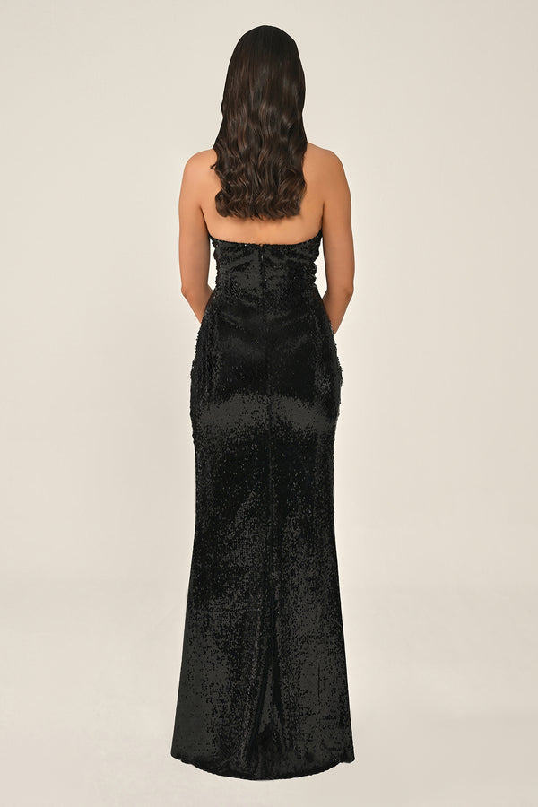 Halter Neck V-Neck Draped Sequin Long Dress