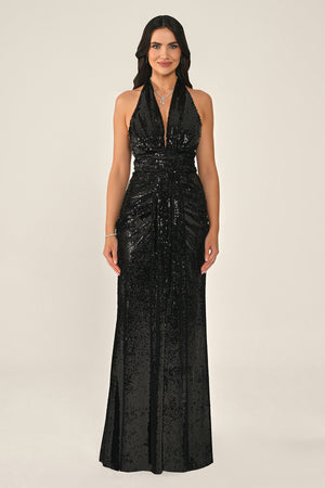 Halter Neck V-Neck Draped Sequin Long Dress