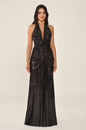 Halter Neck V-Neck Draped Sequin Long Dress