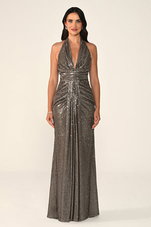 Halter Neck V-Neck Draped Sequin Long Dress