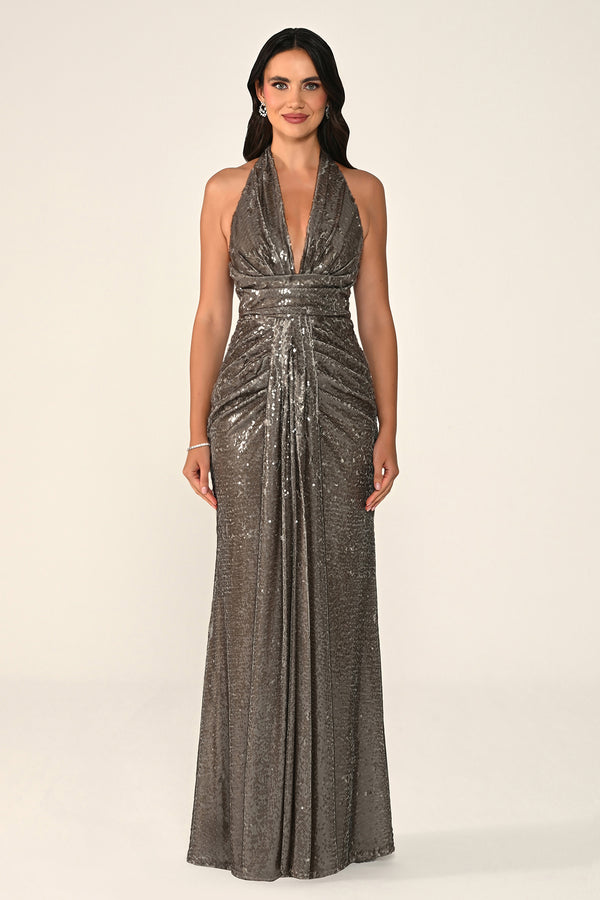 Halter Neck V-Neck Draped Sequin Long Dress