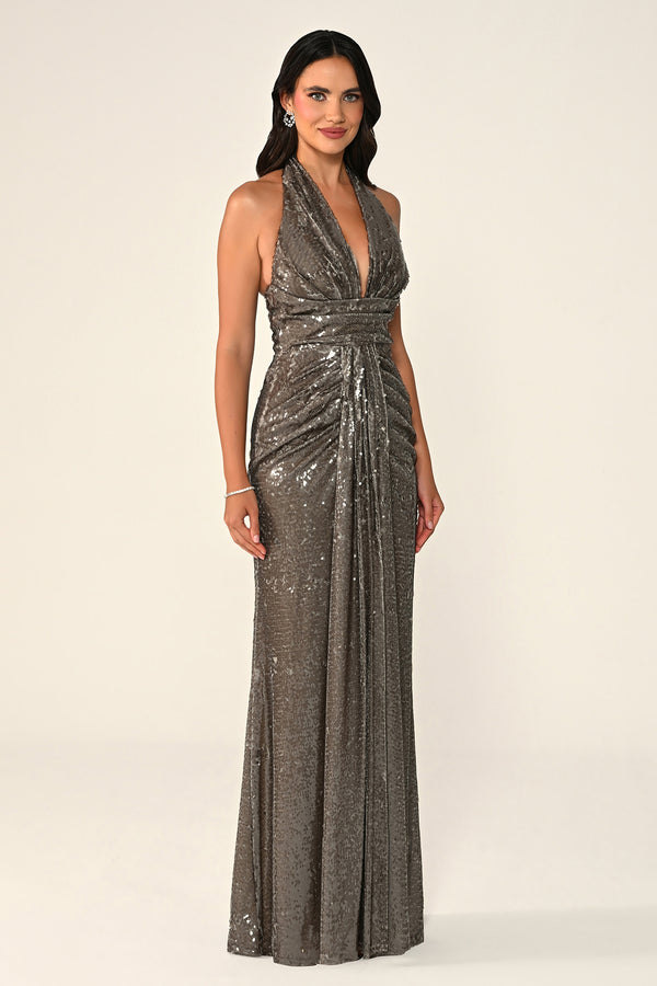 Halter Neck V-Neck Draped Sequin Long Dress