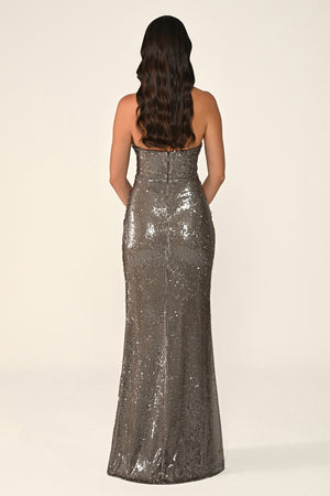 Halter Neck V-Neck Draped Sequin Long Dress