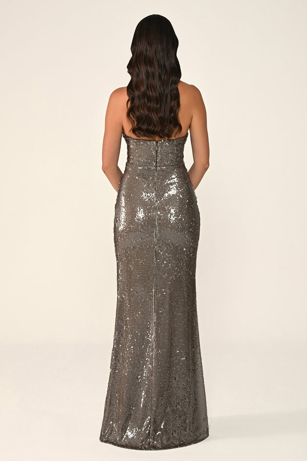 Halter Neck V-Neck Draped Sequin Long Dress