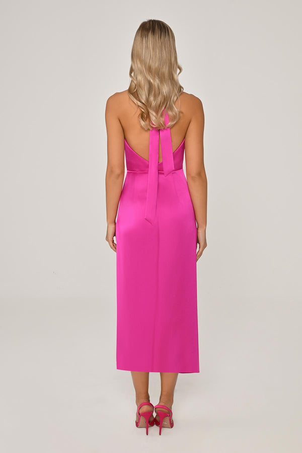 Halter Neck Cowl Neck Satin Midi Dress