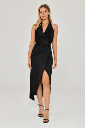 Halter Neck Cowl Neck Satin Midi Dress