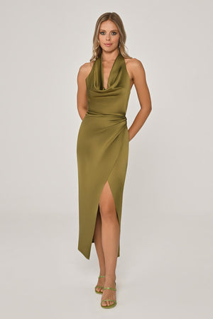 Halter Neck Cowl Neck Satin Midi Dress