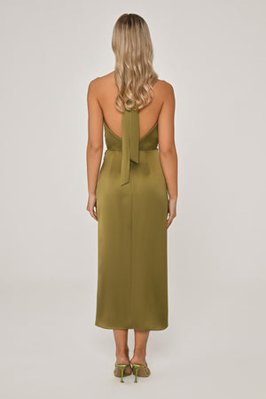 Halter Neck Cowl Neck Satin Midi Dress