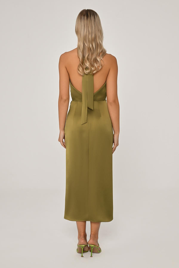 Halter Neck Cowl Neck Satin Midi Dress