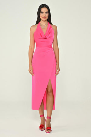 Halter Neck Cowl Neck Satin Midi Dress