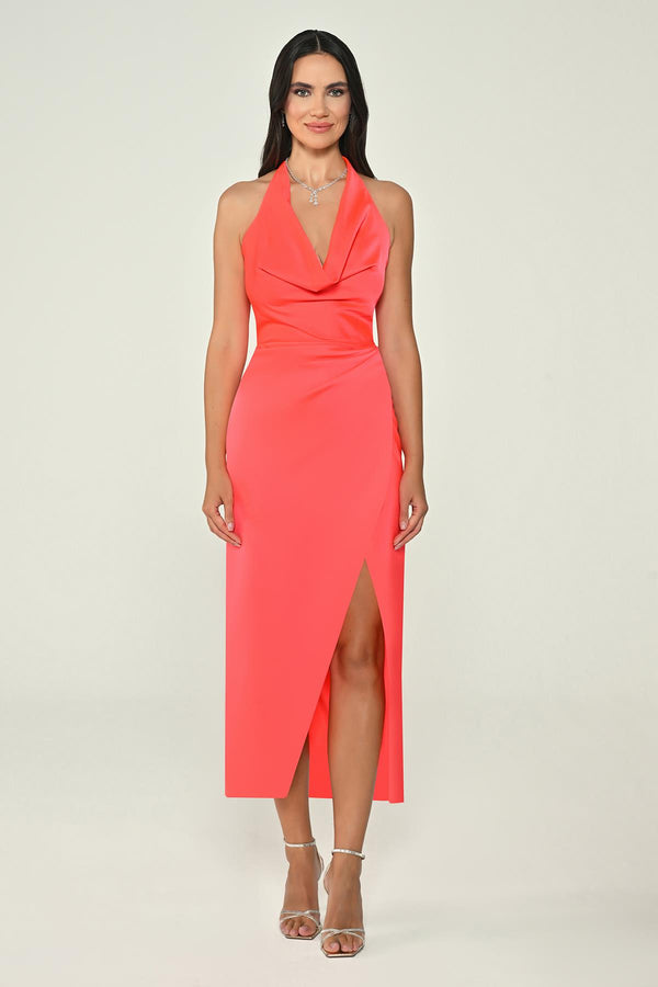 Halter Neck Cowl Neck Satin Midi Dress