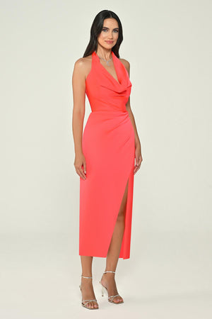 Halter Neck Cowl Neck Satin Midi Dress