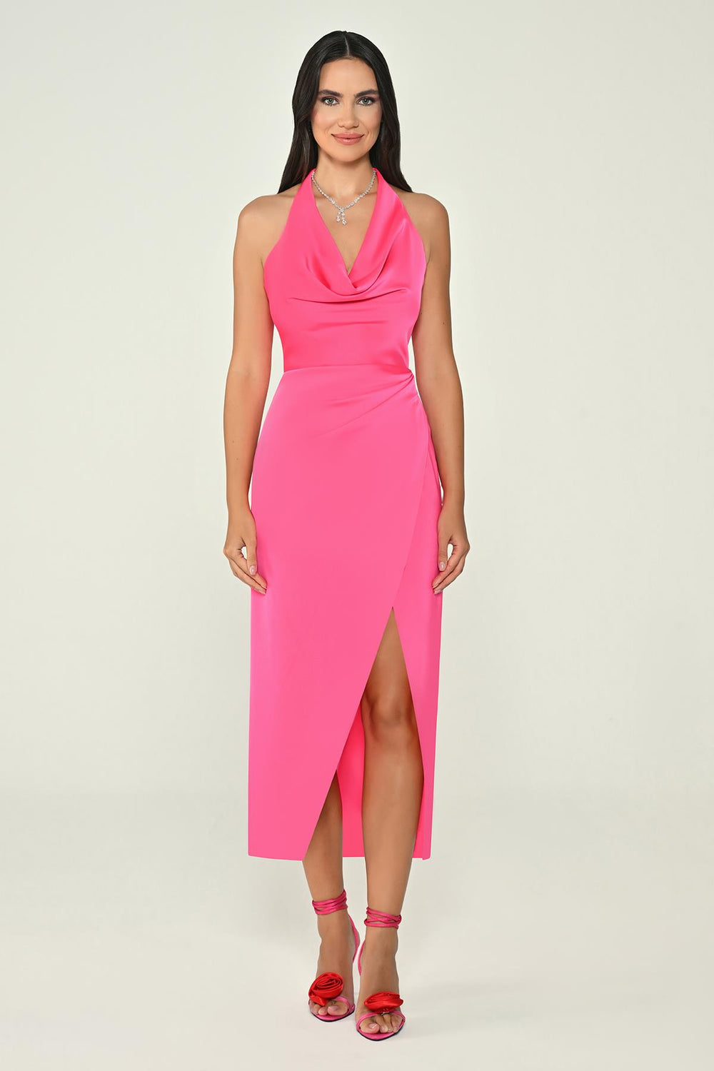 Halter Neck Cowl Neck Satin Midi Dress