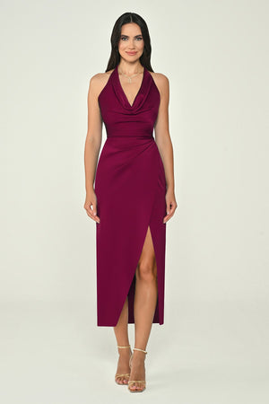 Halter Neck Cowl Neck Satin Midi Dress