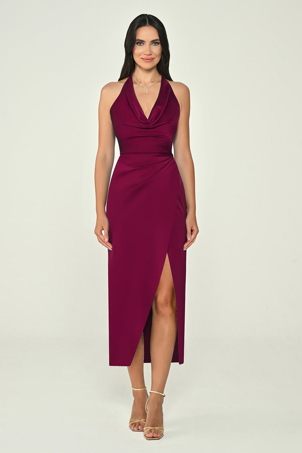 Halter Neck Cowl Neck Satin Midi Dress