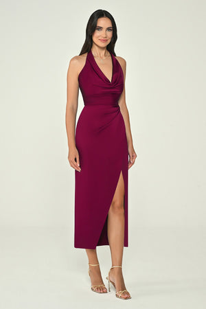 Halter Neck Cowl Neck Satin Midi Dress