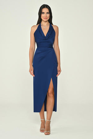Halter Neck Cowl Neck Satin Midi Dress