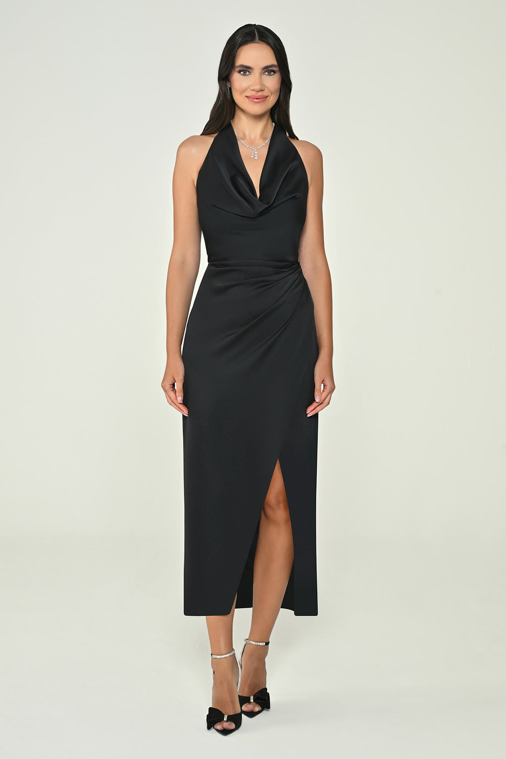 Halter Neck Front Slit Satin Midi Dress