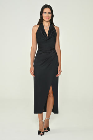 Halter Neck Front Slit Satin Midi Dress