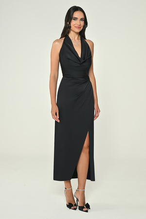 Halter Neck Front Slit Satin Midi Dress