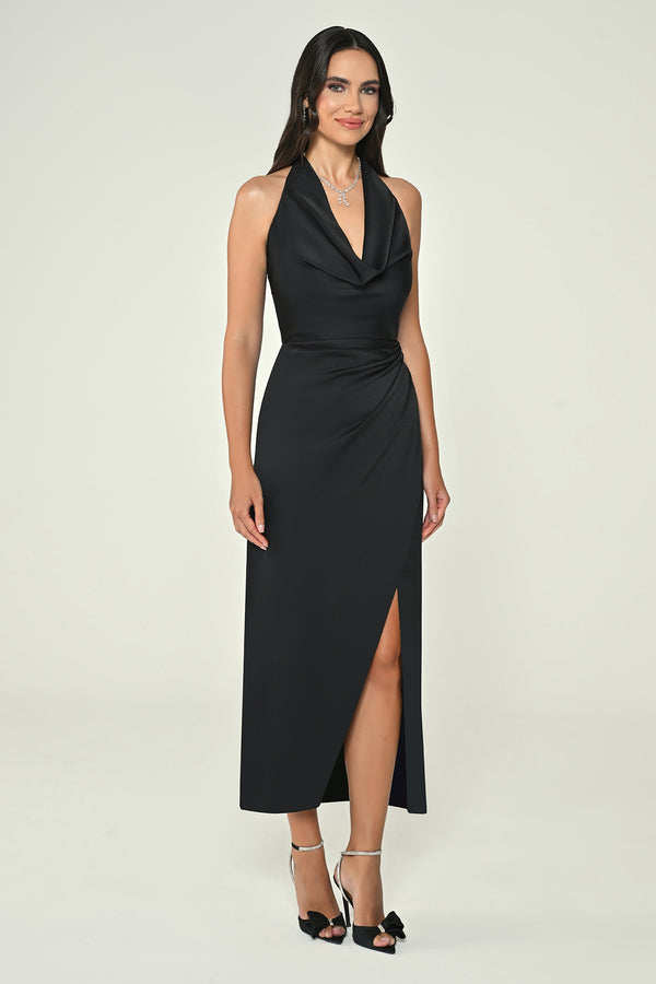Halter Neck Front Slit Satin Midi Dress