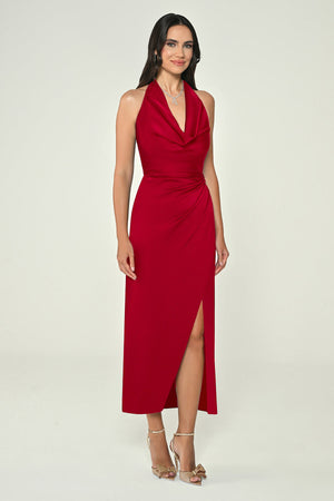 Halter Neck Front Slit Satin Midi Dress