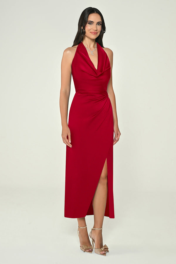 Halter Neck Front Slit Satin Midi Dress