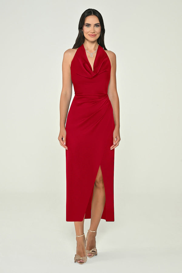 Halter Neck Front Slit Satin Midi Dress