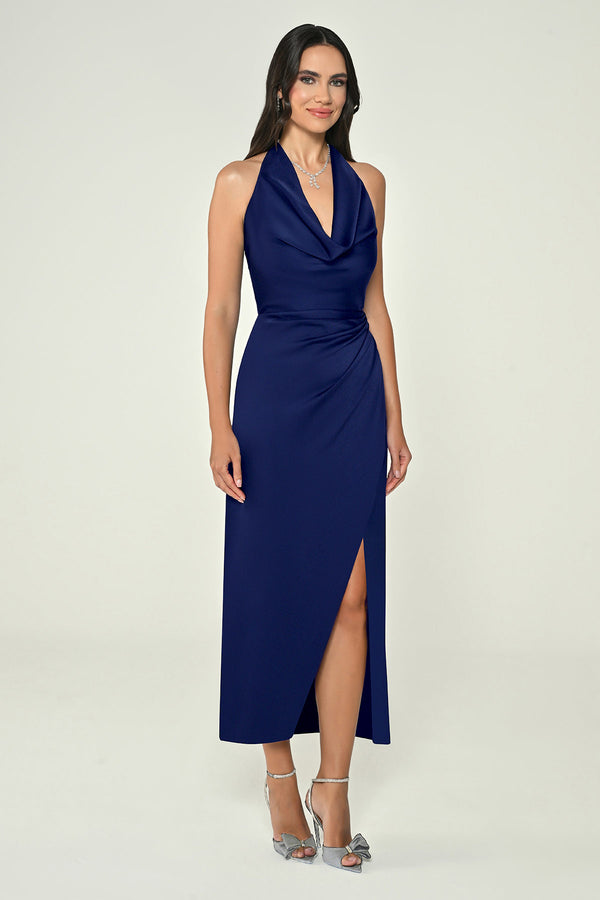 Halter Neck Front Slit Satin Midi Dress