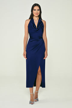 Halter Neck Front Slit Satin Midi Dress