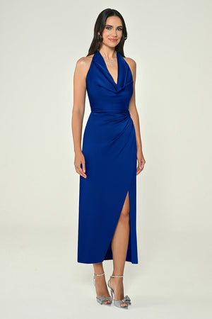 Halter Neck Front Slit Satin Midi Dress