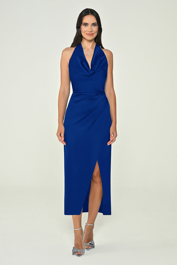 Halter Neck Front Slit Satin Midi Dress
