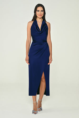 Halter Neck Front Slit Satin Midi Dress