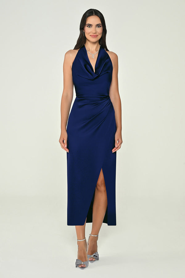 Halter Neck Front Slit Satin Midi Dress