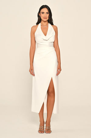 Halter Neck Front Slit Satin Midi Dress