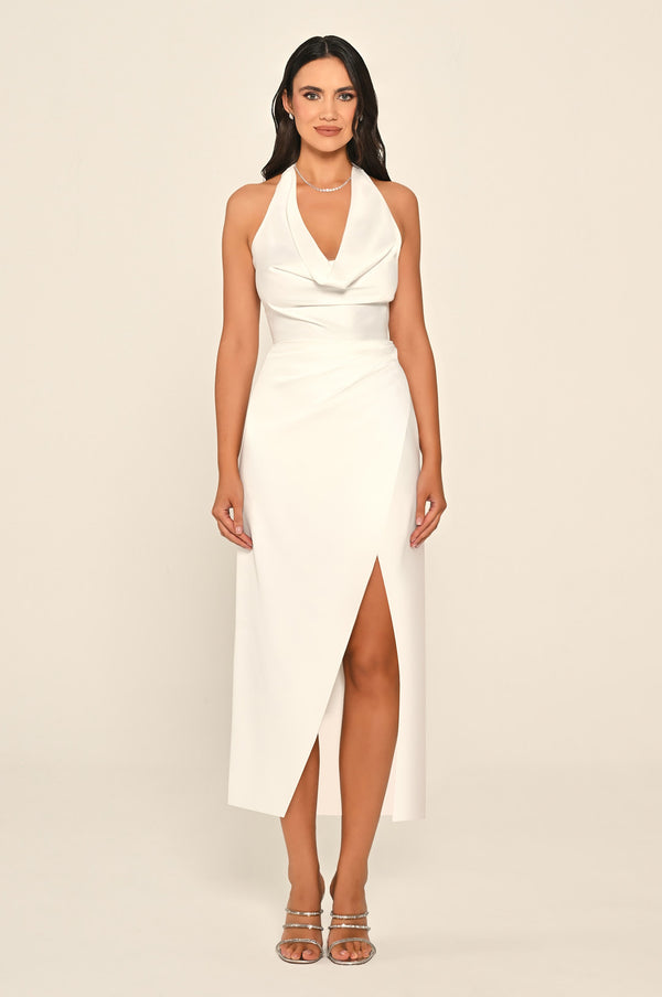 Halter Neck Front Slit Satin Midi Dress