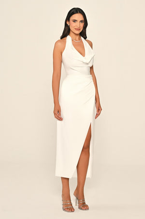 Halter Neck Front Slit Satin Midi Dress