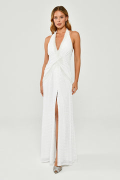 Halter Neck Backless Sequin Maxi Dress with Fringe Detail