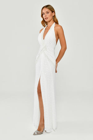 Halter Neck Backless Sequin Maxi Dress with Fringe Detail