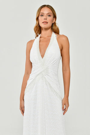Halter Neck Backless Sequin Maxi Dress with Fringe Detail