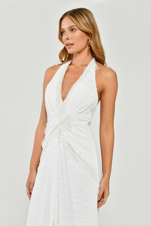 Halter Neck Backless Sequin Maxi Dress with Fringe Detail