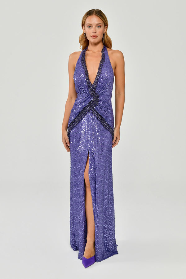 Halter Neck Backless Sequin Maxi Dress with Fringe Detail