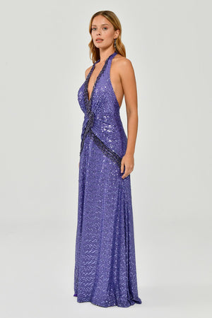 Halter Neck Backless Sequin Maxi Dress with Fringe Detail