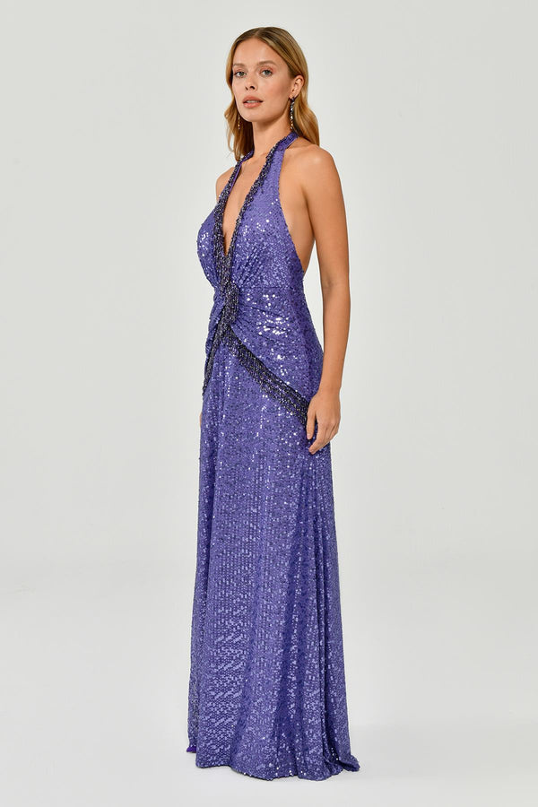 Halter Neck Backless Sequin Maxi Dress with Fringe Detail