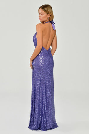 Halter Neck Backless Sequin Maxi Dress with Fringe Detail