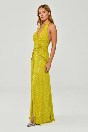 Halter Neck Backless Sequin Maxi Dress with Fringe Detail