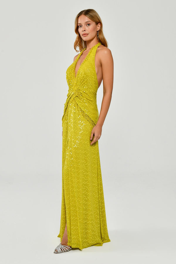 Halter Neck Backless Sequin Maxi Dress with Fringe Detail