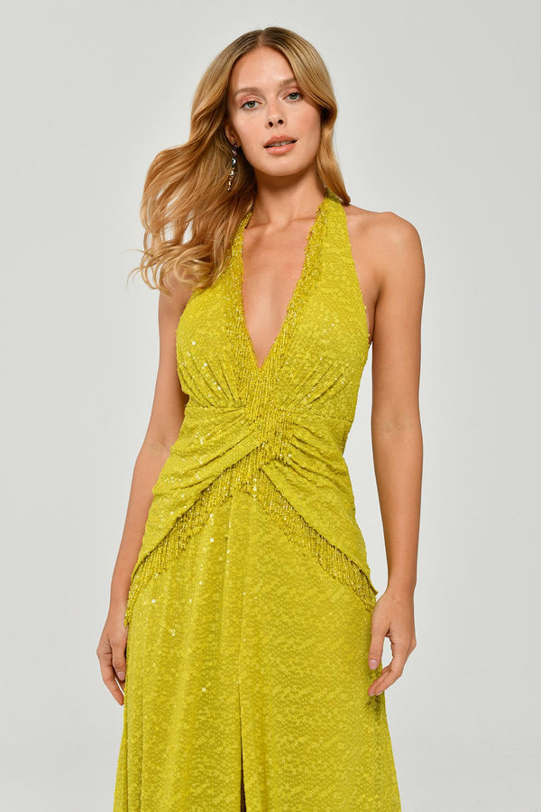 Halter Neck Backless Sequin Maxi Dress with Fringe Detail
